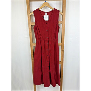 Lands End Red Pockets Sleeveless Button Up Corduroy Maxi Dress #1566 Size XS